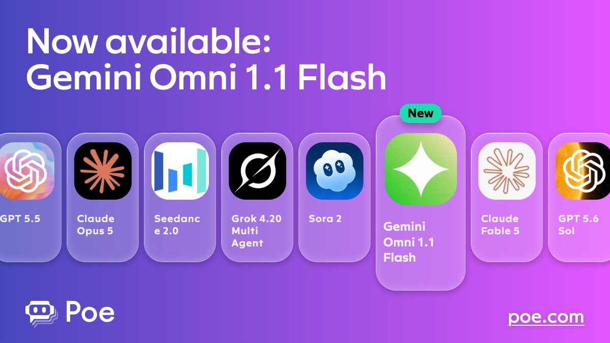 Gemini-Omni-1.1-Flash is available on Poe.

@Google's multimodal video model — generate from text, i...