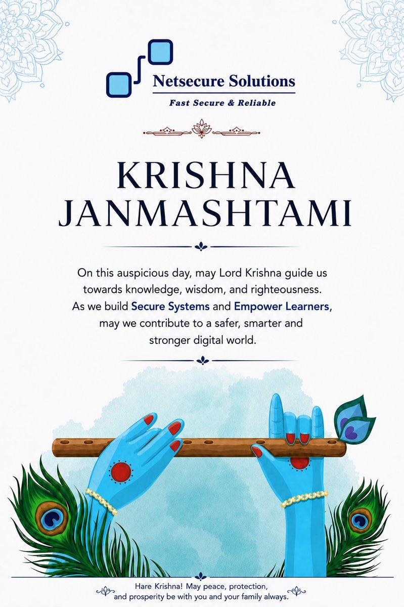 NetscureS's tweet photo. 🦚🙏 May Lord Krishna bless us with wisdom, knowledge &amp; righteousness.

✨ Happy Krishna Janmashtami!

🔐 Building secure &amp; reliable technology solutions.

🌐 https://t.co/9IBt2WaauU

#Janmashtami #HareKrishna #NetSecureSolutions https://t.co/jNMi73WH3J