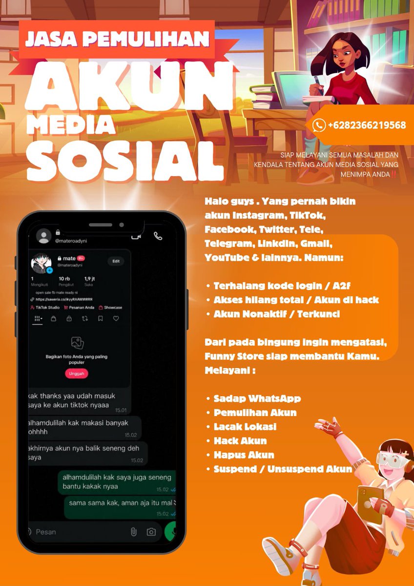 pulzih's tweet photo. Open Jasa Pemulihan akun, Lacak lokasi, Hapus akun, Sadap WhatsApp, Hack akun, Unsuspend &amp; Suspend akun…

Instagram, WhatsApp, Twitter / X , Facebook,Tiktok,Linkedln, Gmail,YouTube, Line, Telegram all sosmed &amp; lainnya…

more info / konsultasi by wa di bio ya..✅ https://t.co/qkQbcAMEHO