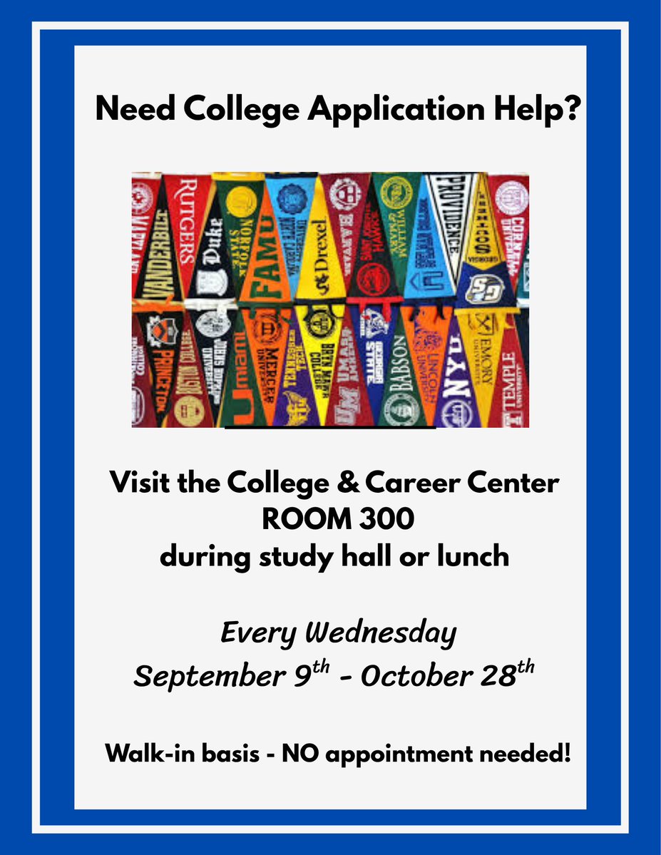 PNHSCounseling's tweet photo. Need college application help?  
Check out Walk in Wednesdays in the College and Career Center during study hall/lunch (periods 4-7)! https://t.co/hhL84VeSXL