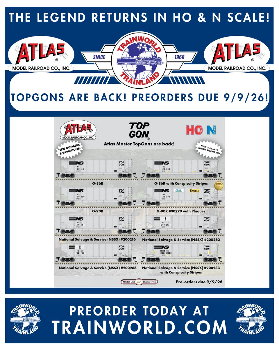Trainworld's tweet photo. New from @AtlasRR: HO & N scale TopGon hoppers! 🤩
PreOrder today at https://t.co/i7Kp3pvGj1! https://t.co/509RBkRwFw
#atlastrains #hoscale #nscale #topgon #hopper #rollingstock #freightcar #preorder #trainworld #trainland #modeltrains #trains https://t.co/SGwVScA7mZ