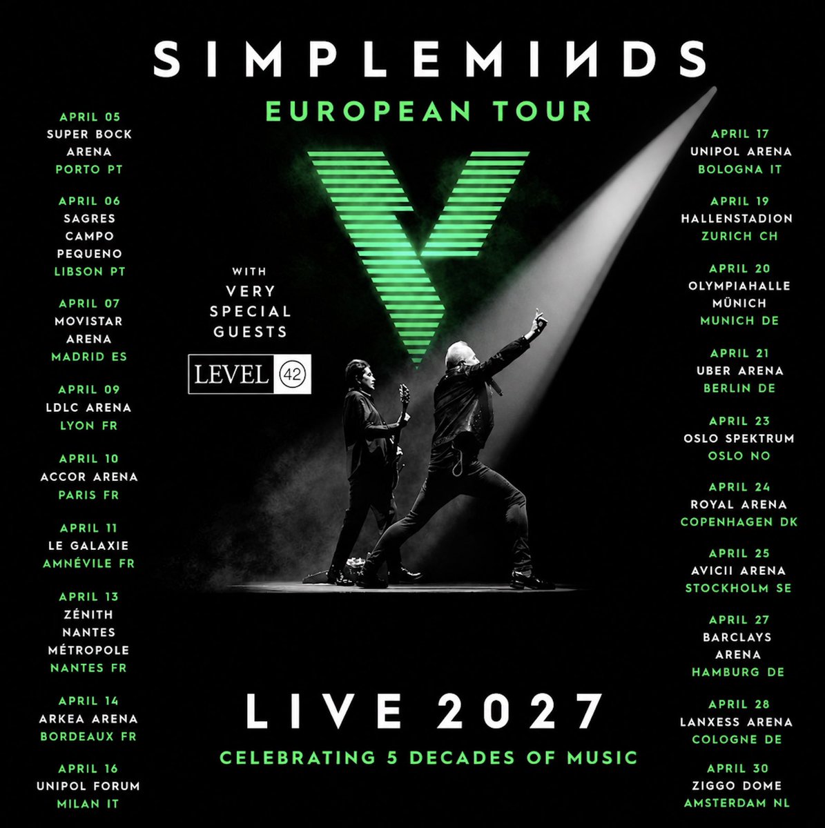 simplemindscom's tweet photo. Celebrating five decades of Simple Minds. The V Tour comes to the UK and Europe in 2027, featuring very special guests @level42official in Europe and @numanofficial in the UK and Ireland.

Register for pre-sale access at https://t.co/3JUCrFAfAE https://t.co/ak2oKf8ayP