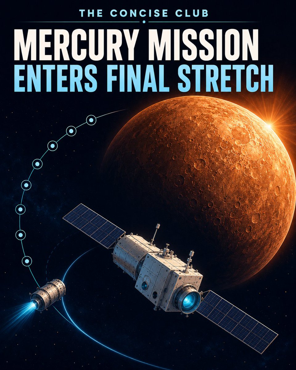 TheConciseClub's tweet photo. After eight years and nine planetary flybys, BepiColombo has shed the module that carried it toward Mercury. Its two science orbiters remain joined as they prepare to enter Mercury’s orbit on November 21. 🛰️

#SpaceTech #BepiColombo https://t.co/HnFF89LlhI