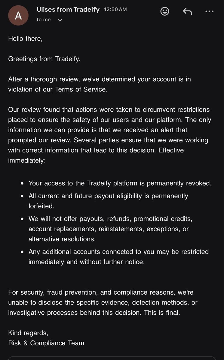 gajapathyX's tweet photo. @Tradeify @BrettSimba as one of your affiliates, I need help understanding this.

A trader I referred, @ej_harish , had two pending payouts of $2,602.85 and $2,595.55 voided and his account permanently terminated for "circumventing restrictions." No category, no reason, no appeal.

I'm not here to defend him. if he broke a rule, the decision should stand. I'm asking you to tell him which rule.

Without a stated reason, this feels arbitrary, and I have nothing to tell the people I bring to your platform.

Refs #129144522 / #129428249

cc @Sai_Prasan @MSTARROHIT @vedictrades