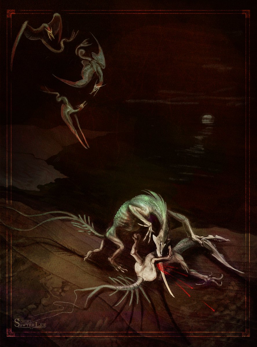 sawyerleeart's tweet photo. Weary and grimy, sore from a fight lasting deep into the night, a Sicklemouth lands a blow to his rival’s leg, ending this season’s fight for dominance. Some among its kind may loathe this cheap way to end the fight, but alone on the black cliffs, who will know but the heavens? https://t.co/SGEub3WGtt