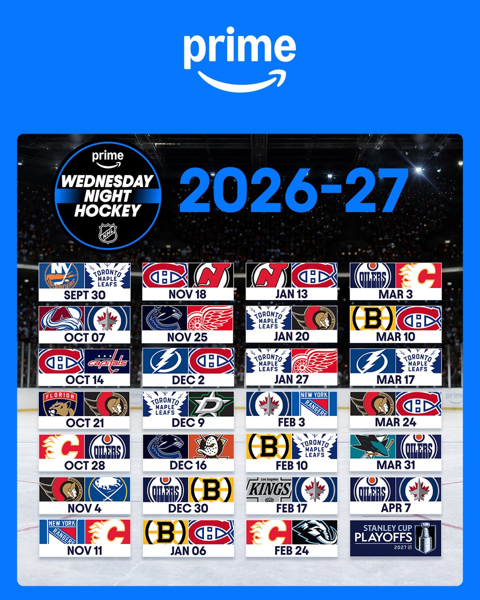 SportsOnPrimeCA's tweet photo. Wednesday nights just got a lot better. 🏒

The 2026/27 NHL on Prime Video schedule is here.

See you soon, Canada. 🇨🇦 https://t.co/LjGrzgAofM