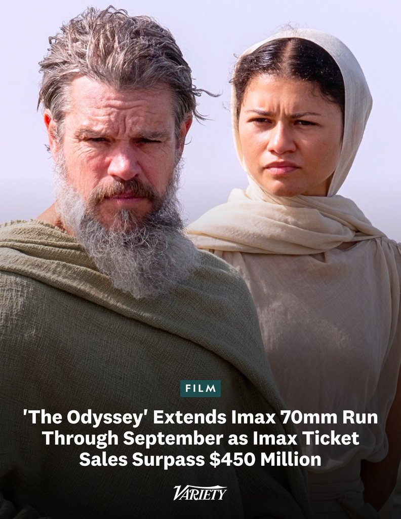 Variety's tweet photo. "The Odyssey" is extended its run in Imax 70mm once again and will now play in the format through September 30, stretching its historic run to 11 weeks.

Christopher Nolan's epic is already the highest-grossing Imax release of all time with $457 million globally. Imax's coveted 70mm screens -- of which there are only 41 in the world -- have contributed a stunning $66 million, translating to $1.6 million per location.

https://t.co/dK3uJaqlSq