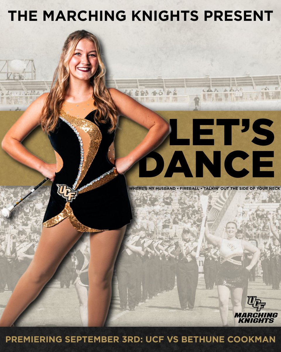 MarchingKnights's tweet photo. Let’s Dance! 🕺 💃

Join us for Halftime and get on your feet for the first show of the season! Featuring the songs: Where’s My Husband, Fireball, and Talkin’ Out the Side of Your Neck. See you there! https://t.co/791jlREBXx
