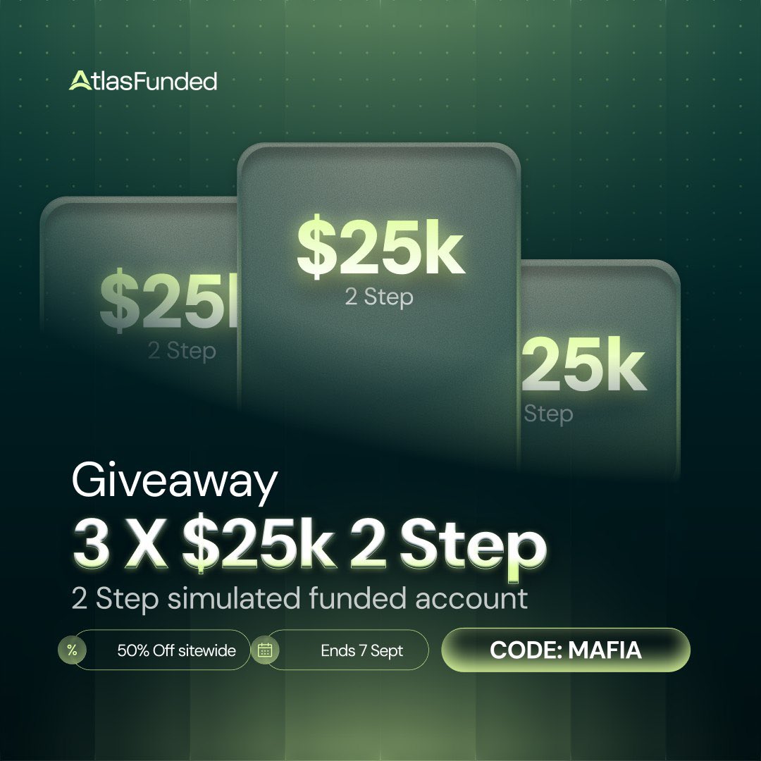 pipmafia's tweet photo. GIVEAWAY: 3 x $25K 2-Step accounts

To enter:
→ Follow @pipmafia @LAntonioAF @atlasfunded @atlasfutures
→ Like + RT

Winners in 7 days.

Bonus: MAFIA is 50% off sitewide, and I'm gifting a $50K Instant to one person who picks up an account this week.

https://t.co/AHnqa6zFuU https://t.co/4HbggDFKvk