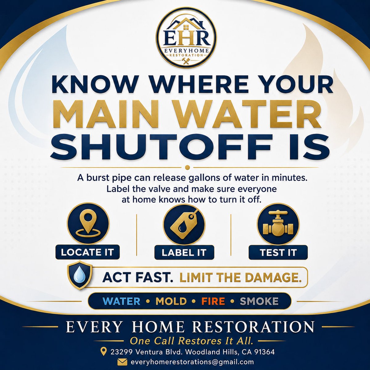 EHR2026's tweet photo. Happy Sunday! ☀️

When water, mold, fire, or smoke damage strikes, Every Home Restoration is ready to help.

One Call Restores It All.

📍 Woodland Hills, CA
📧 everyhomerestorations@gmail.com

#HappySunday #EveryHomeRestoration #WaterDamage #WaterDamageRestoration #HomeSafety https://t.co/nRBuuiqpBw