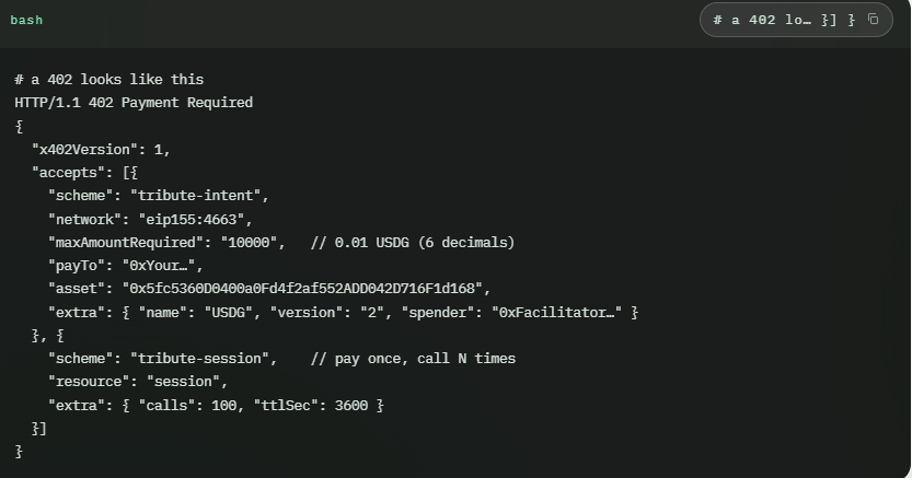 Tributex_402's tweet photo. How a paid call works?

TRIBUTE follows the Apache-2.0 x402 protocol shape: unpaid request → 402 with machine-readable requirements → signed payment → on-chain settlement → resource. One honest deviation: USDG on Robinhood Chain does not implement EIP-3009 transferWithAuthorization (we verified the implementation bytecode on-chain), so settlement uses the approve + transferFrom pattern with a signed EIP-712 intent.

> Request. The agent calls a gated endpoint.

> 402 response. The gateway replies with requirements: amount, asset (USDG at 0x5fc5360D…), recipient, and the facilitator's spender address.

> Approve once. The agent approves the spender for the amount (USDG.approve(spender, value)) — needed once per budget.

> Sign the intent. EIP-712 PaymentIntent { from, to, value, validAfter, validBefore, nonce, resource } in the USDG domain (name TRIBUTE, version 1, chain 4663).

Settle. POST /facilitator/settle — the facilitator verifies the signature, balance, allowance, window and nonce, then executes transferFrom on-chain and returns the tx hash.