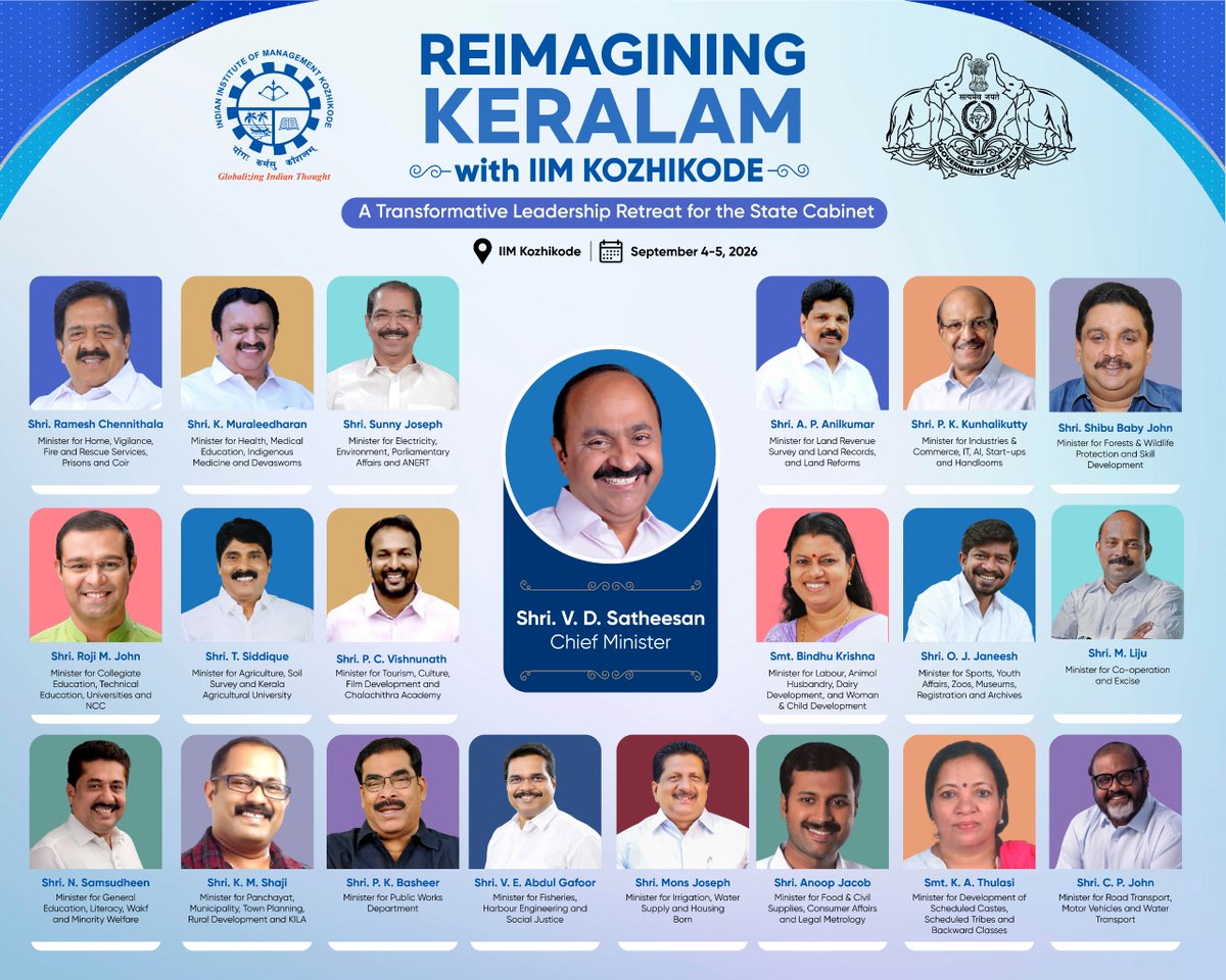 IIMKozhikode's tweet photo. What happens when Kerala’s entire Council of Ministers led by the Chief Minister steps out of the everyday to imagine the future? At IIM Kozhikode #ReimaginingKeralam brings political leadership, scholars &amp; global experts together for 2 days of strategic dialogue.
#IIMK #Keralam https://t.co/7N5Vtw6nOw