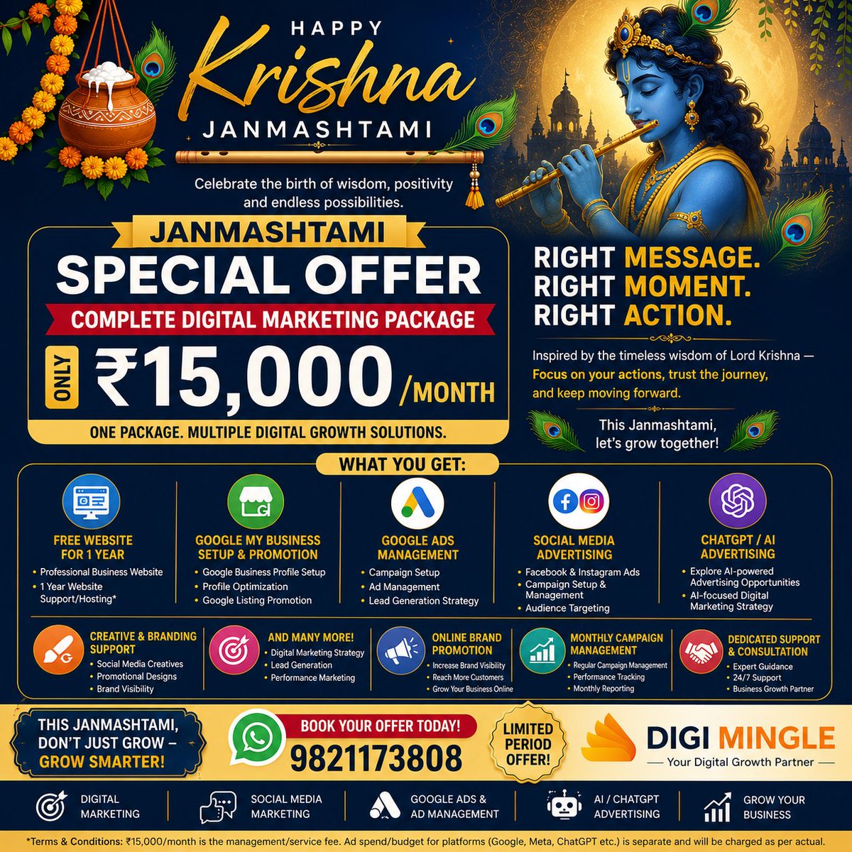 digimingle's tweet photo. 🦚 JANMASHTAMI SPECIAL OFFER! 🪈✨

This Janmashtami, don’t just grow your business — GROW SMARTER! 🚀

Get a COMPLETE DIGITAL MARKETING PACKAGE at just ₹15,000/month!

One Package. Multiple Digital Growth Solutions.

📲 Book Your Offer Today:
WhatsApp: 9821173808 https://t.co/MraPZ2kGZ0