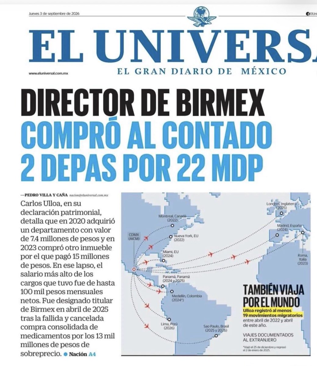 ectorjaime's tweet photo. Los únicos "resultados" del director de Birmex: riqueza inexplicable

Carlos Ulloa compró dos departamentos al contado por 22.4 millones entre 2020 y 2023. Su sueldo oficial no pasaba de los 100 mil pesos al mes

¡Hoy maneja unos 400 mil millones para la compra de medicamentos! https://t.co/Oj2VZnAtZg