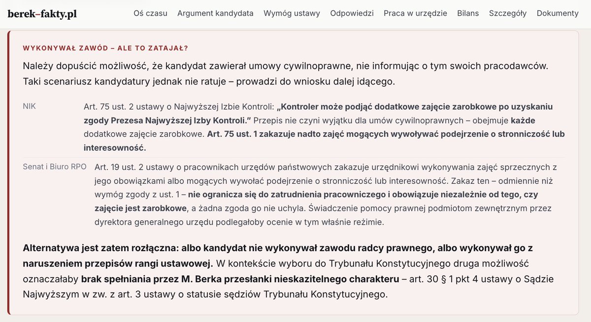 paweljablonski_'s tweet photo. Jest jeszcze inna możliwość: M. Berek zawierał umowy, i świadczył prywatne usługi prawne w czasie kiedy był urzędnikiem państwowym (do szczebla ministra włącznie!) – ale nie informował o tym swoich pracodawców, nie występował o zgodę.

Byłoby to jednak równoznaczne ze złamaniem przepisów rangi ustawowej – i utratą przymiotu nieskazitelności charakteru.

A to również oznacza niemożliwość wyboru do TK.