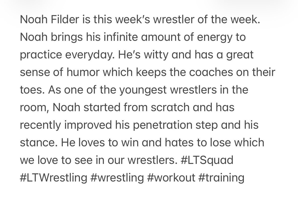 LairdsTraining's tweet photo. Noah Filder is this week’s wrestler of the week. Noah brings his infinite amount of energy to practice everyday. He’s witty and has a great sense of humor which keeps the coaches on their toes. #LTSquad #LTWrestling #wrestling #workout #training https://t.co/Vkzef1PG1t