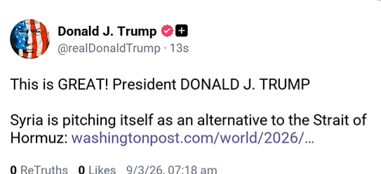 EmmausWire's tweet photo. President Trump celebrates al-Sharaa's Syria as a potential alternative to the Hormuz Strait for Mideast energy trade. 

https://t.co/FPtDleddCq https://t.co/Y0TYyntgBq