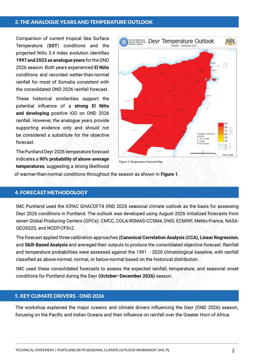 imc_puntland's tweet photo. 📢 @imc_puntland releases the #Deyr 2026 Seasonal Climate Outlook: 81% chance of a very strong El Niño, 65% chance of above-normal rain in central Puntland. 

Read the full technical statement: https://t.co/tvbui4IEkZ 

#Puntland #Somalia #ClimateOutlook https://t.co/BbG1O2r7kL