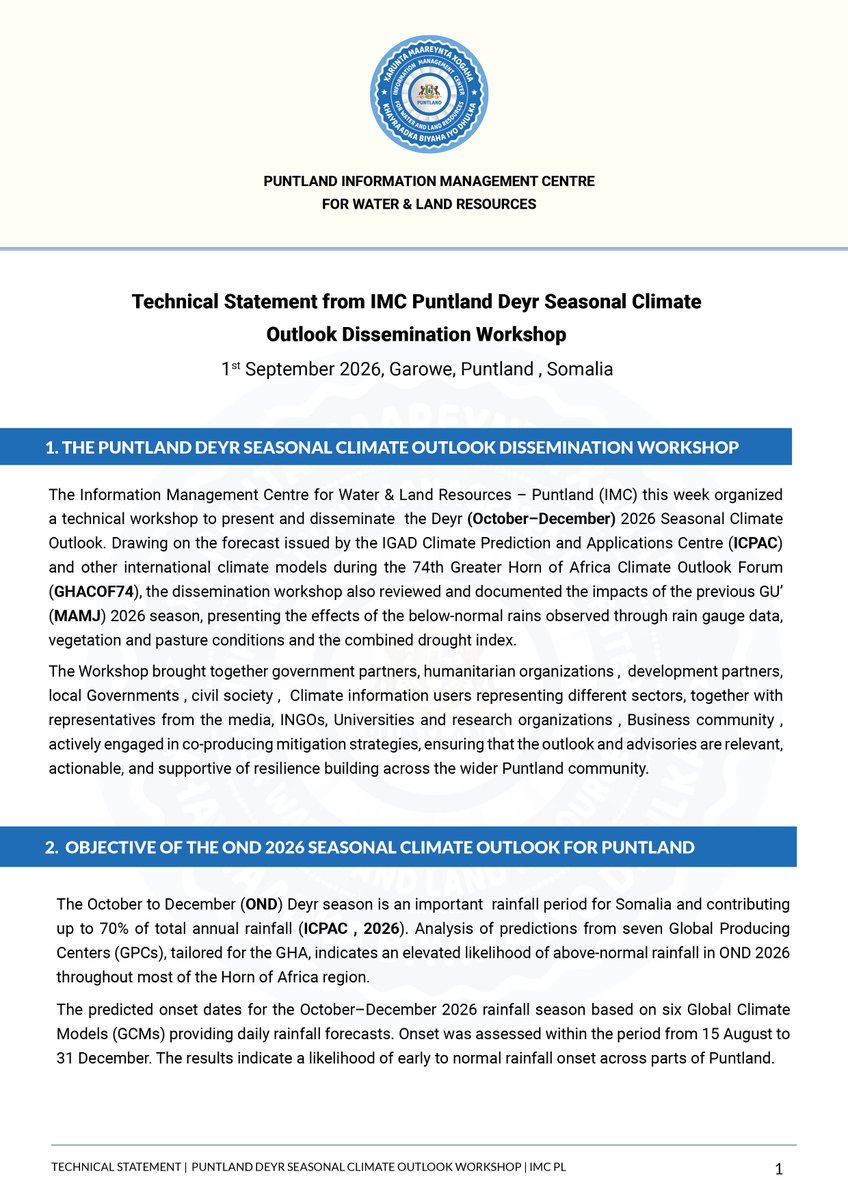 imc_puntland's tweet photo. 📢 @imc_puntland releases the #Deyr 2026 Seasonal Climate Outlook: 81% chance of a very strong El Niño, 65% chance of above-normal rain in central Puntland. 

Read the full technical statement: https://t.co/tvbui4IEkZ 

#Puntland #Somalia #ClimateOutlook https://t.co/BbG1O2r7kL
