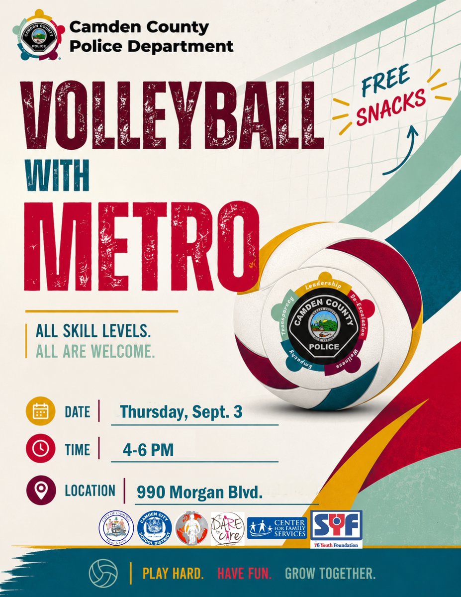 CamdenCountyPD's tweet photo. If you're ready for some action on the volleyball court, come join us this afternoon in Morgan Village - we'll be there from 4-6 p.m. today ready to play! https://t.co/r3sxDgJN1c