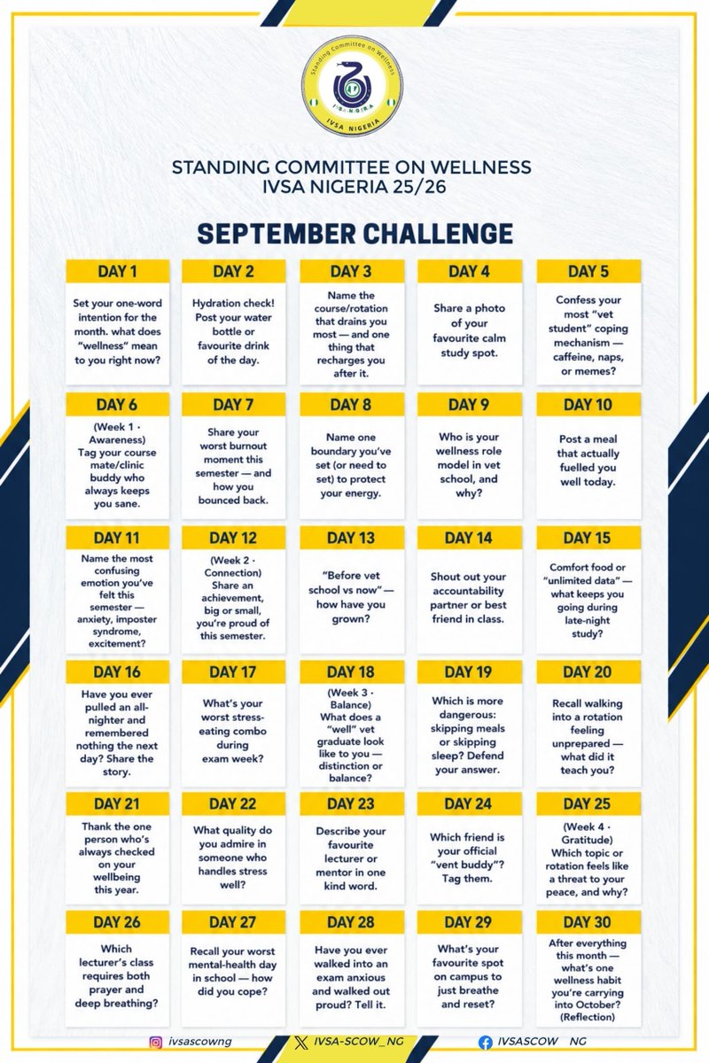 IVSA_SCOW_NG's tweet photo. ๐ฑ DAY 3 โ DRAINED OR RECHARGED? ๐
Which course/rotation drains you the most? ๐ฎโ๐จ And whatโs your go-to way to recharge afterwards? ๐
Letโs hear from your! ๐๐ฝ
#SCOWNigeria #SeptemberChallenge #IVSANigeria #VetWellness #WellnessChallenge https://t.co/qWyQdyneDR