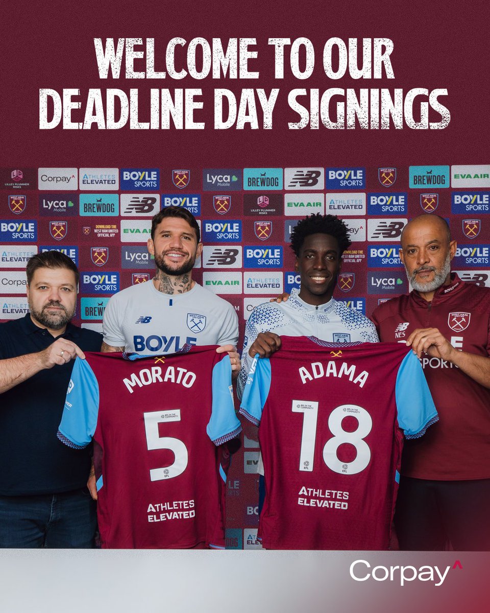 WestHam's tweet photo. Our Deadline Day deals 🤝

@CorpayFX ✅✍️ https://t.co/DPmlMdOals