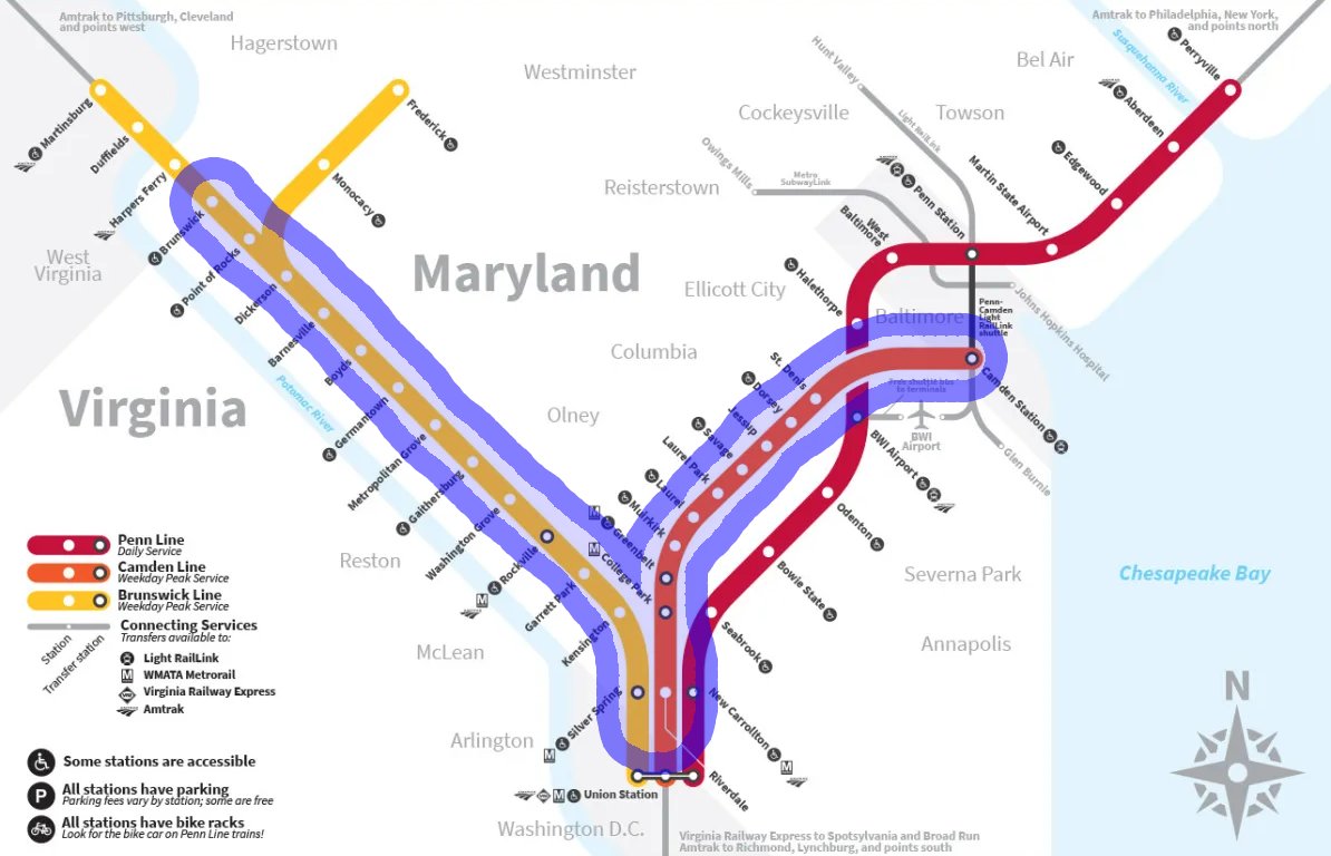 beyonddc's tweet photo. MARC will run some Brunswick Line trains to Baltimore, skipping Union Station.   

MD's 2 biggest centers are MoCo &amp; Balt, and there's never been a direct train btwn them. 

Hard to call this direct, but it'll be fascinating to see if riders materialize.

https://t.co/g0r2nBI4ur https://t.co/p42mpOZmgn