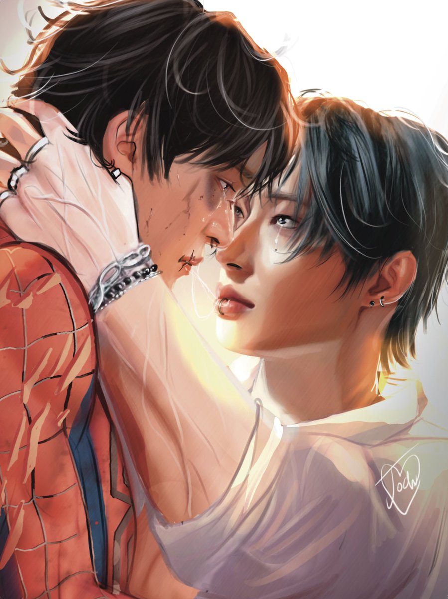 Jodicreatesart's tweet photo. Spidey Yunho X Mingi after the fight 🥺

All my hyper fixations together.

.
.
.

#ateez #yunho #mingi #fanart #spiderman https://t.co/Y2oIOiMF8r