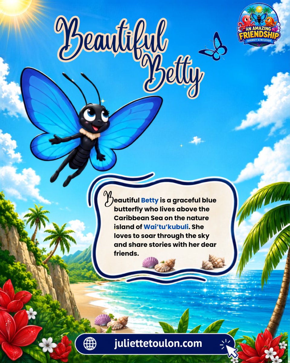 julietteauthor's tweet photo. 🦋 Meet Beautiful Betty from An Amazing Friendship! 

She loves soaring above Wai’tu’kubuli and sharing stories with her friends. 💙🌴📚

 Discover more: https://t.co/DwuHFXrtY8

#AnAmazingFriendship #JulietteBellotToulon #ChildrensBooks #FriendshipForKids #Dominica https://t.co/nFSf6pbQpF