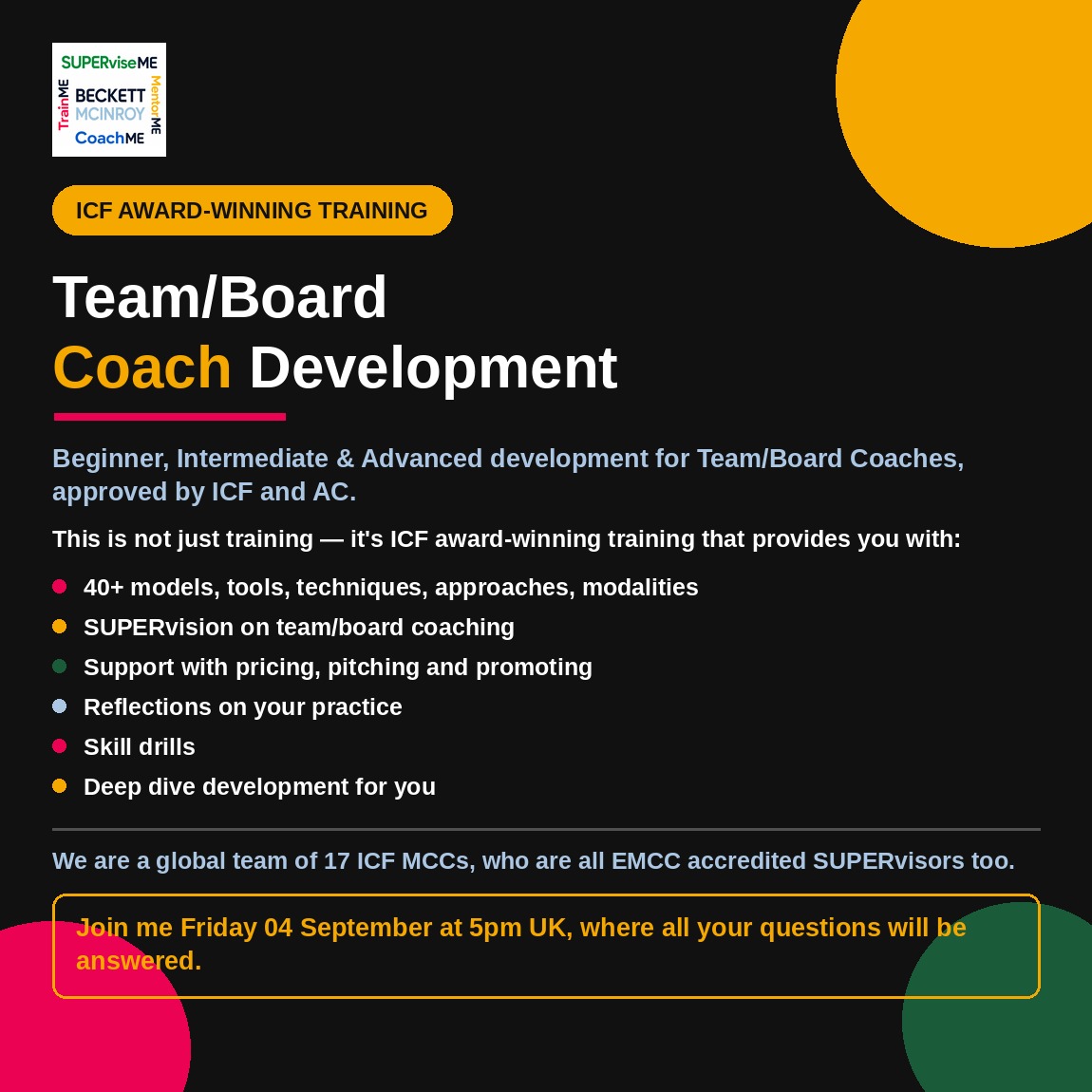 beckettmcinroy's tweet photo. 40 ICF CCE
ICF Level 2 for PCC
ICF AATC for ACTC
πSeptember 4, 2026
β² 5:00 PM UK
REGISTER HERE ππ πππππππ πππ ππππ:
https://t.co/J1nXl3mvzt
#TeamCoachDevelopment #BoardCoachDevelopment
#ICFGlobal #ICFUK #ICFUnitedKingdom #ICFChicago #ICFSanDiego #ICFFrance https://t.co/7LXkt4JmL1