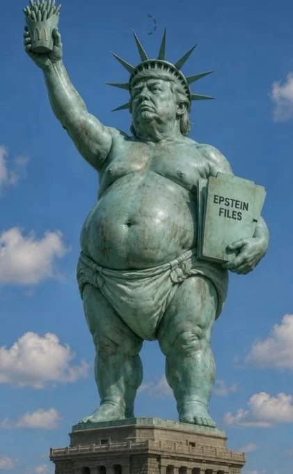 KidKool4U's tweet photo. Trump is replacing the Statue of Liberty with the Statue of #Trump. #EpsteinFiles https://t.co/SU4MbUmDuS