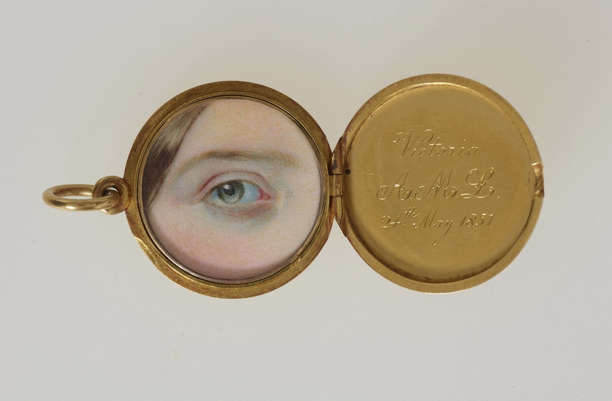 wikivictorian's tweet photo. Eye of Victoria, Princess Royal (1840-1901). Inscribed 1857. Royal Collection.      

Mounted in a gold pendant set with a ruby, engraved with the inscription Victoria / A.M.L. / 24th May 1857. Probably commissioned by Queen Victoria. https://t.co/ua8dzieDpX