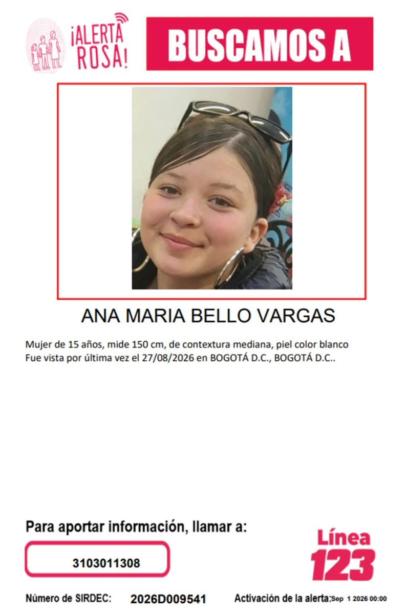 PS1COPOLITICO's tweet photo. 🚨 Niña desaparecida en Bogotá, Colombia

No importa en qué lugar del mundo te encuentres: por favor, comparte esta información. Tu ayuda puede ser fundamental para encontrarla. https://t.co/Jp0ulIhjIh