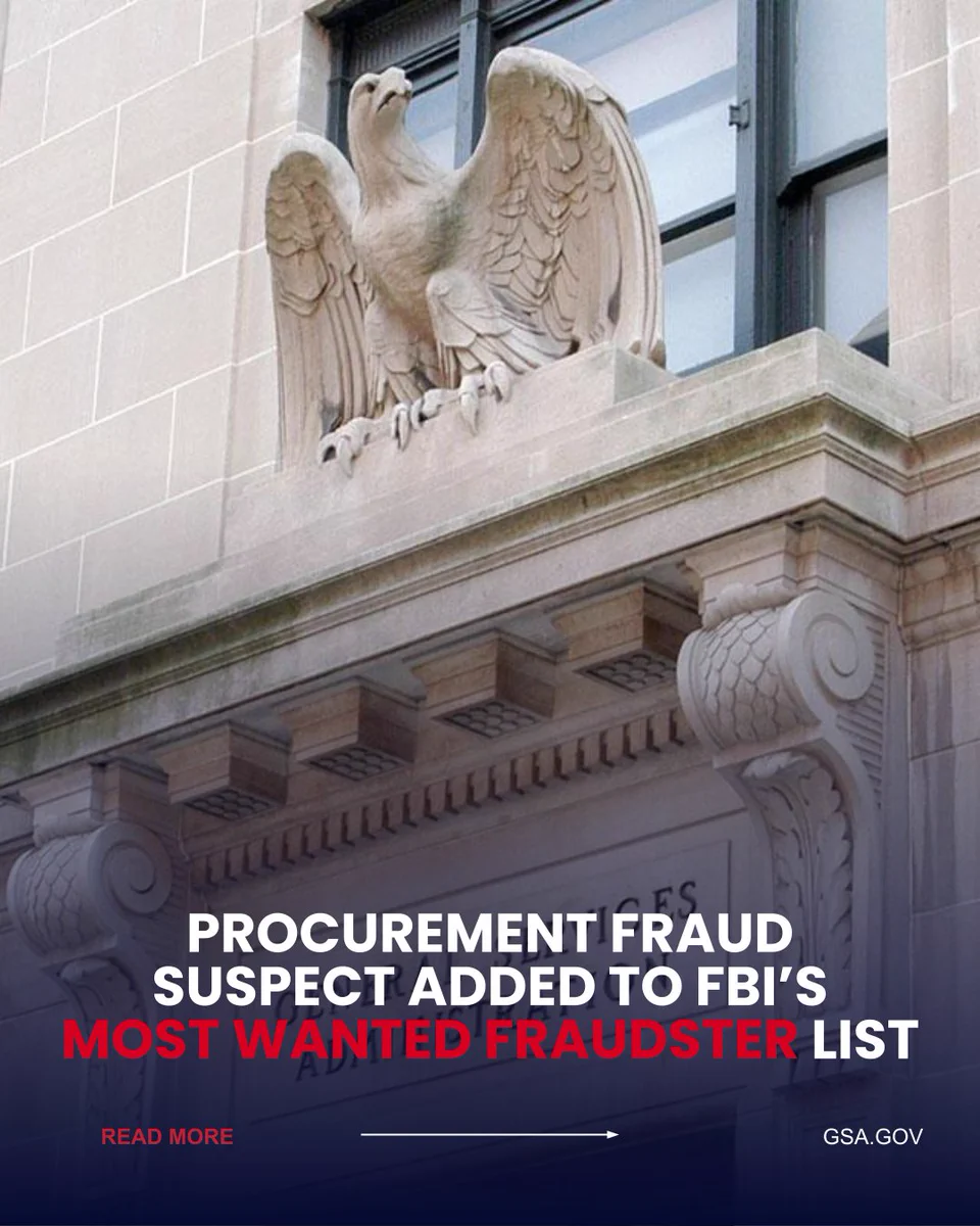 Stone eagle sculpture perched above a classical building entrance with text about an FBI fraud suspect on a dark overlay.