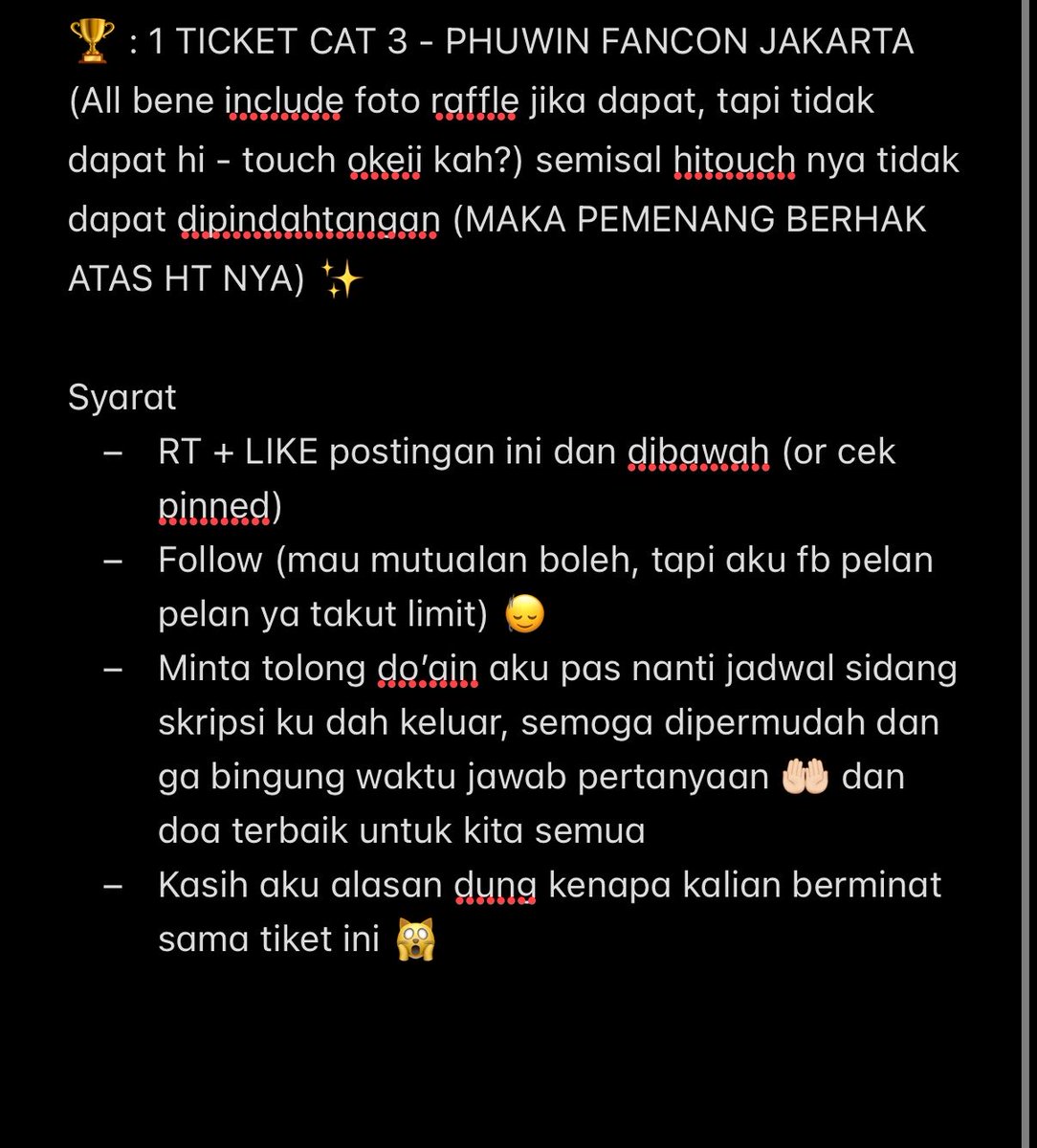 callmebuna's tweet photo. GIVEAWAY TIKET PHUWIN IN JAKARTA 
CAT 3 - 1 TIX 🏆 by bujun

Calling All Winnies !! ❤️‍🔥🐼 

✅ Tiket di berikan dalam bentuk fisik 
❗️ Baca TNC dengan teliti di bawah 
✅ Proof tiket 
❌ Tidak dapat di pindahtangan ataupun di JUAL KEMBALI 

❗️ Hanya tiket tidak termasuk AKOMODASI https://t.co/oP5LffDehL