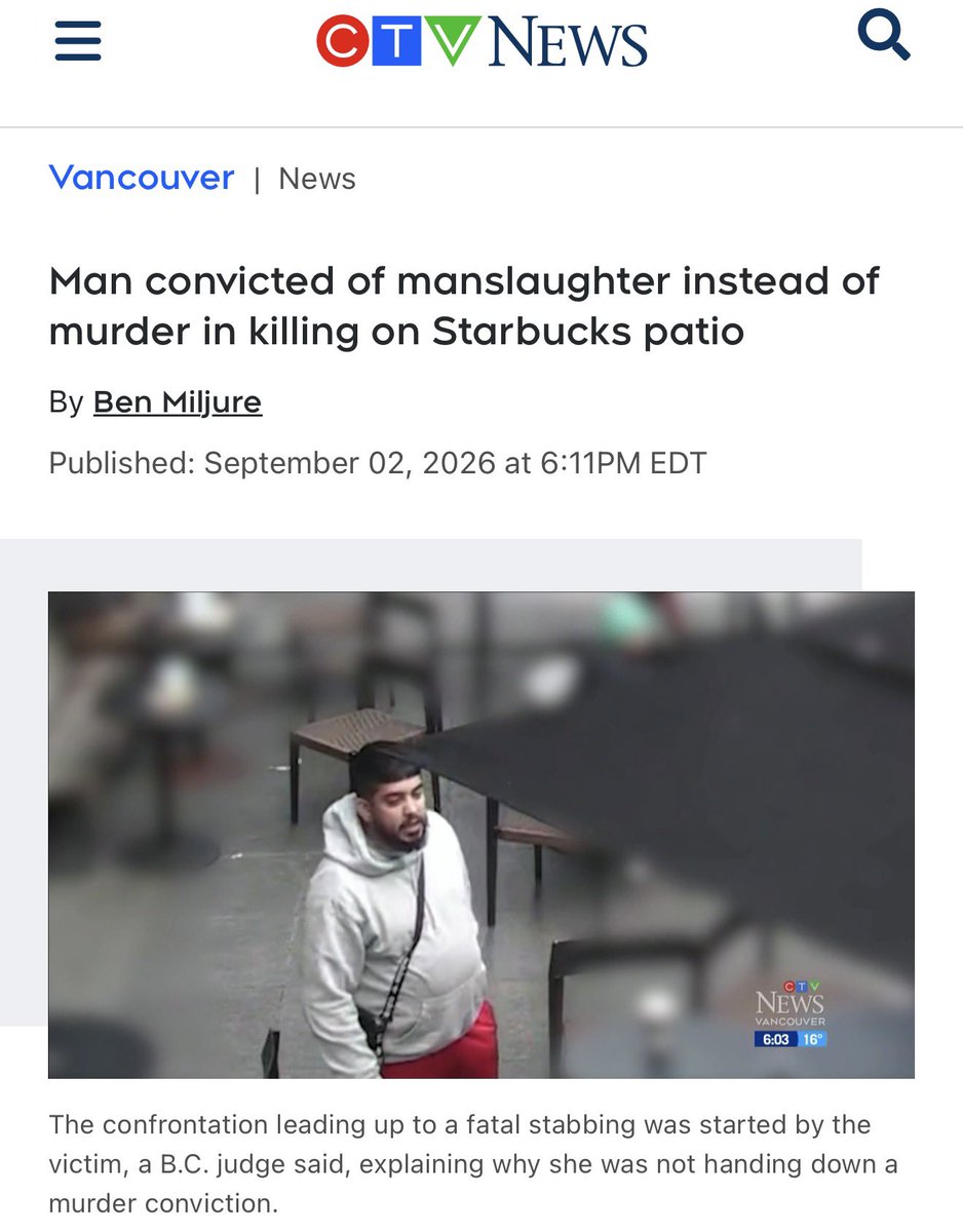 by__brittany's tweet photo. Starbucks Stabber (murderer) Inderdeep Singh Gosal has been CLEARED of murder and convicted of only manslaughter after stabbing Vancouver father Paul Schmidt six times outside a downtown Starbucks in the middle of the day. 

Mental illness, intoxication and panic were enough to create doubt that he intended to kill him. 

“The confrontation leading up to a fatal stabbing was started by the victim, a BC judge said.”

Our “justice system” is a complete joke.