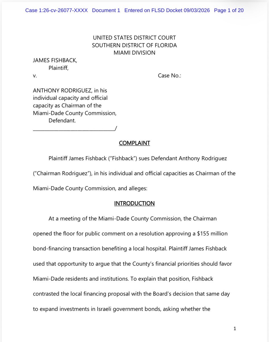 j_fishback's tweet photo. Case Name: Fishback v. Rodriguez

United States District Court, Southern District of Florida (Miami Division)

Full filing: https://t.co/5aQkg6D7qD https://t.co/9qbEuCCaQY