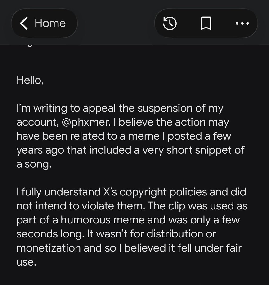 phxmer's tweet photo. @blcksknboii @phxmer2 It was tailored specifically to what I got suspended for (DMCA strike). Then I literally just put it into Google Translate and sent it in to the help center and it was done less than 12 hours later https://t.co/qqLVOZIxCr