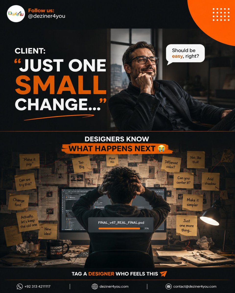 deziner4you's tweet photo. Designers know exactly what happens next... 😭

Just one small change" is never just one small change. Share this with a designer who understands the struggle! 🎨 

#Deziner4you #GraphicDesignLife https://t.co/4U3sGASM9k
