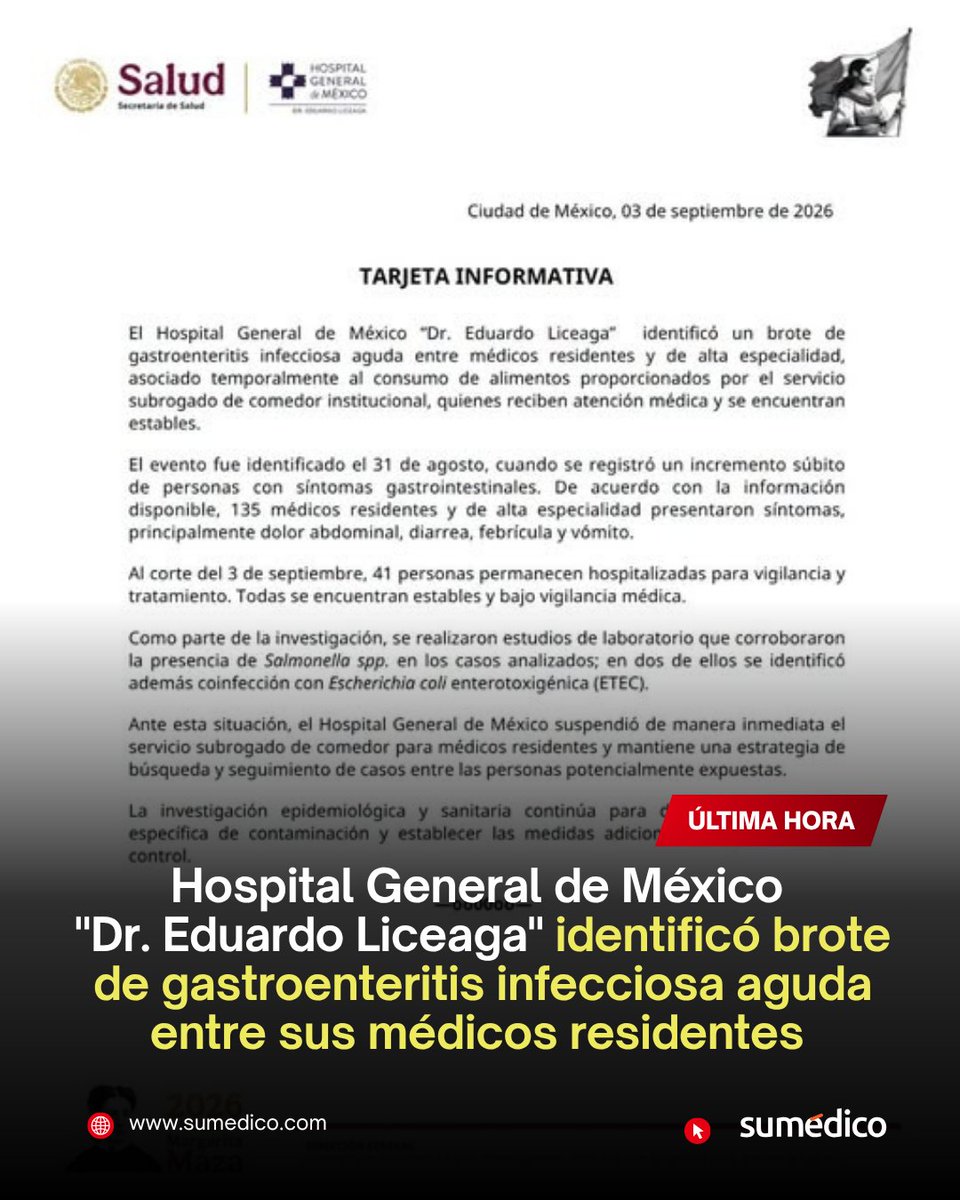 sumedico's tweet photo. #UltimaHora #Sumedicoalminuto | Confirman contagio de salmonela en el Hospital General de la Ciudad de México. El número de residentes es indeterminado. La Secretaría de Salud debió difundir un comunicado porque los propios residentes denunciaron la gravedad del hecho.

De acuerdo con reprotes son más de 100 casos

La gastroenteritis infecciosa puede provocar síntomas como diarrea, vómito, dolor abdominal y fiebre, y puede propagarse con facilidad cuando existe exposición a un agente infeccioso.

#Gastroenteritis #Salud #HospitalGeneralDeMéxico #Infecciones