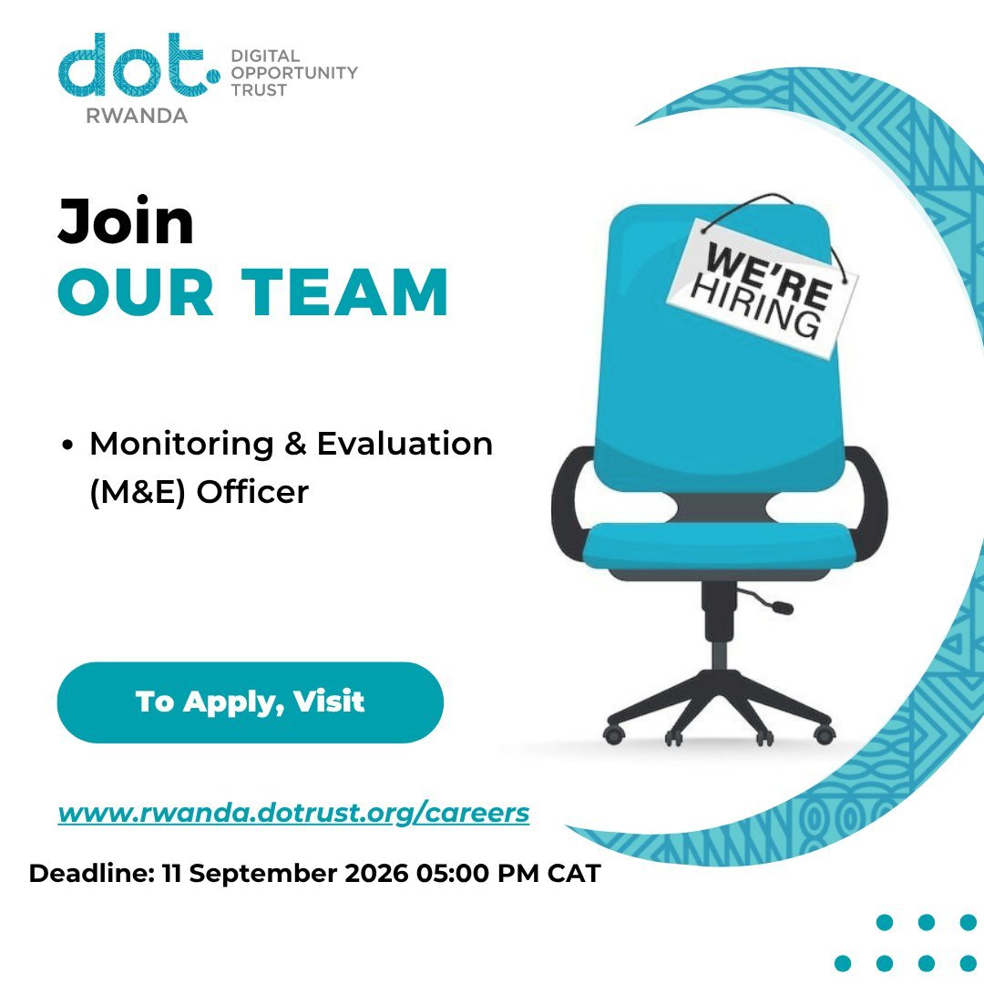 JobsConnectRw's tweet photo. 🚨  @DOTRwanda is recruiting a qualified professional to join our team as

✅ Monitoring &amp; Evaluation (M&amp;E) Officer.

🗓 Deadline: 11th, September 2026 
Apply via:

https://t.co/sViCZ08NFF

We are #JobsconnectRw https://t.co/ZkpESslBb8