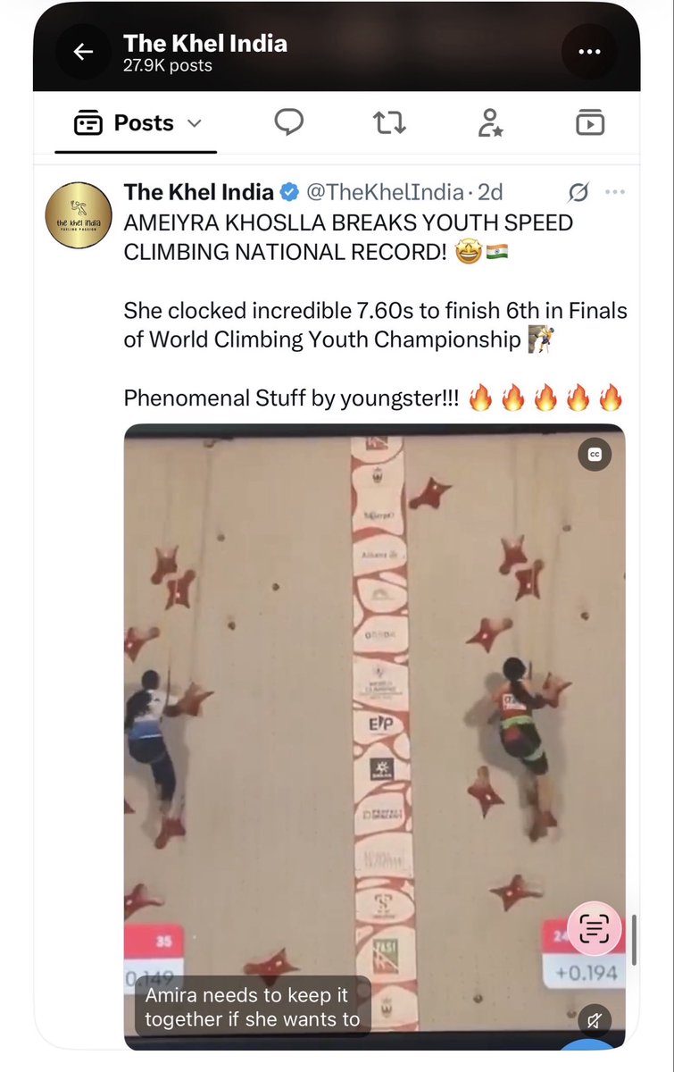 amritakhosla's tweet photo. @anandmahindra There is another sport called Sports Climbing, extremely competitive and very challenging. Check this video of my daughter Amieyra Khoslla who is 15 year old and came 6th in World Youth Climbing Championship and created a National record by clocking 7.60 sec on a vertical wall https://t.co/fUAc7goUEN