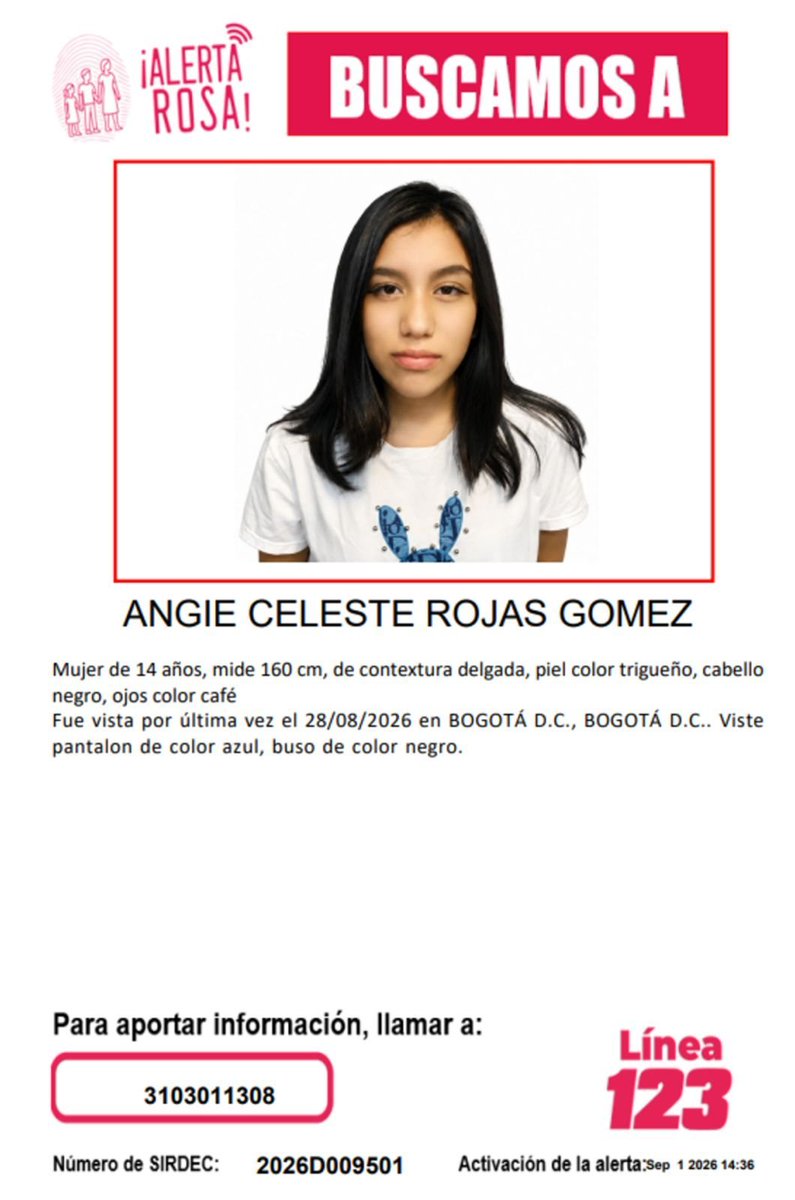 PS1COPOLITICO's tweet photo. 🚨 Niña desaparecida en Bogotá, Colombia

No importa en qué lugar del mundo te encuentres: por favor, comparte esta información. Tu ayuda puede ser fundamental para encontrarla. https://t.co/aqpxOoIoTn