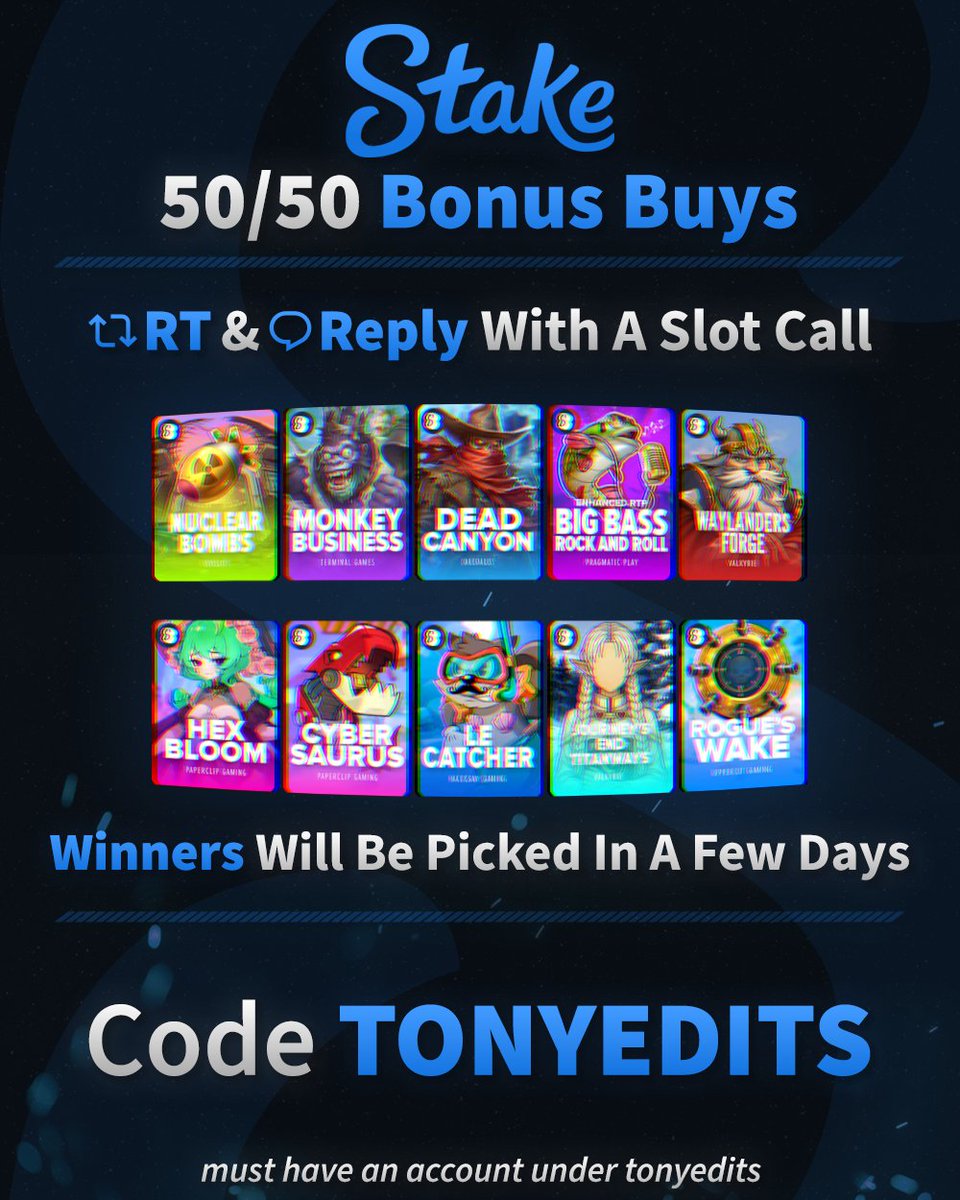 TonyRewards's tweet photo. Reply with your favorite Stake Exclusive slots! 👇

Giving out some Bonus Buys in 48 hours, keep half of whatever it pays!

Code 'tonyedits' users on @Stake ONLY! 🏆 https://t.co/sB0pHPHMWA