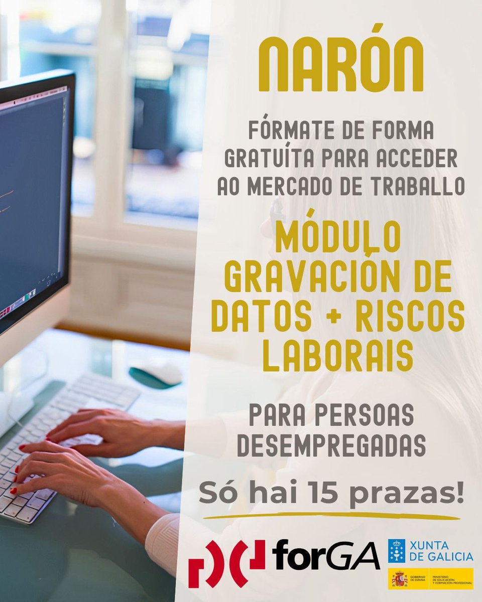 forGA_Galiza's tweet photo. 👀 Fórmate para acceder ao mercado de traballo en Narón!

📌 As empresas da comarca demandan auxiliares de oficina ou arquivo e persoal de tratamento e gravación de datos!

👍 Fórmate con este módulo gratuíto en Gravación de datos! https://t.co/5YsI0S4PaO