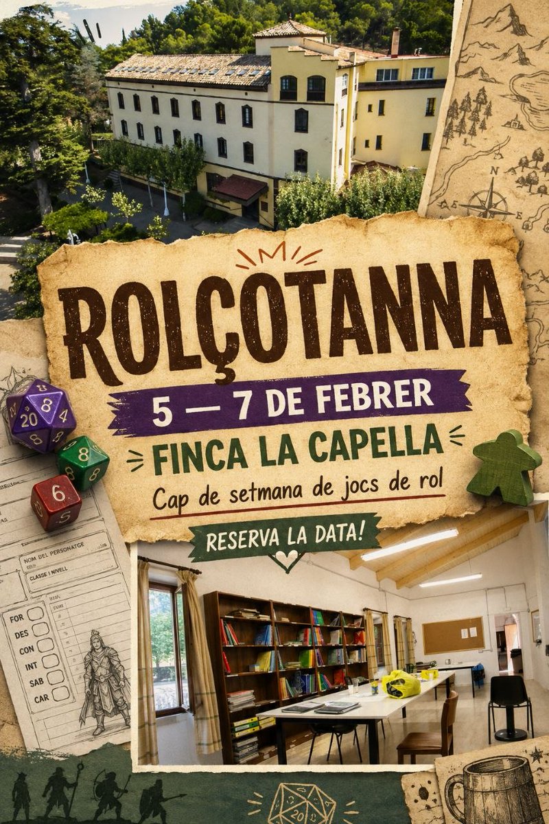 JRamonBalcells's tweet photo. LA ROLÇOTANNA TORNA!
Ja tenim dates per al proper cap de setmana de daus, aventures, partides i, sobretot, bona companyia.
📅 5, 6 i 7 de febrer de 2026
📍 Finca La Capella
#RolçotAnna #JocsDeRol #RPG #Rol #PartidesDeRol https://t.co/pKAk4qNuxs