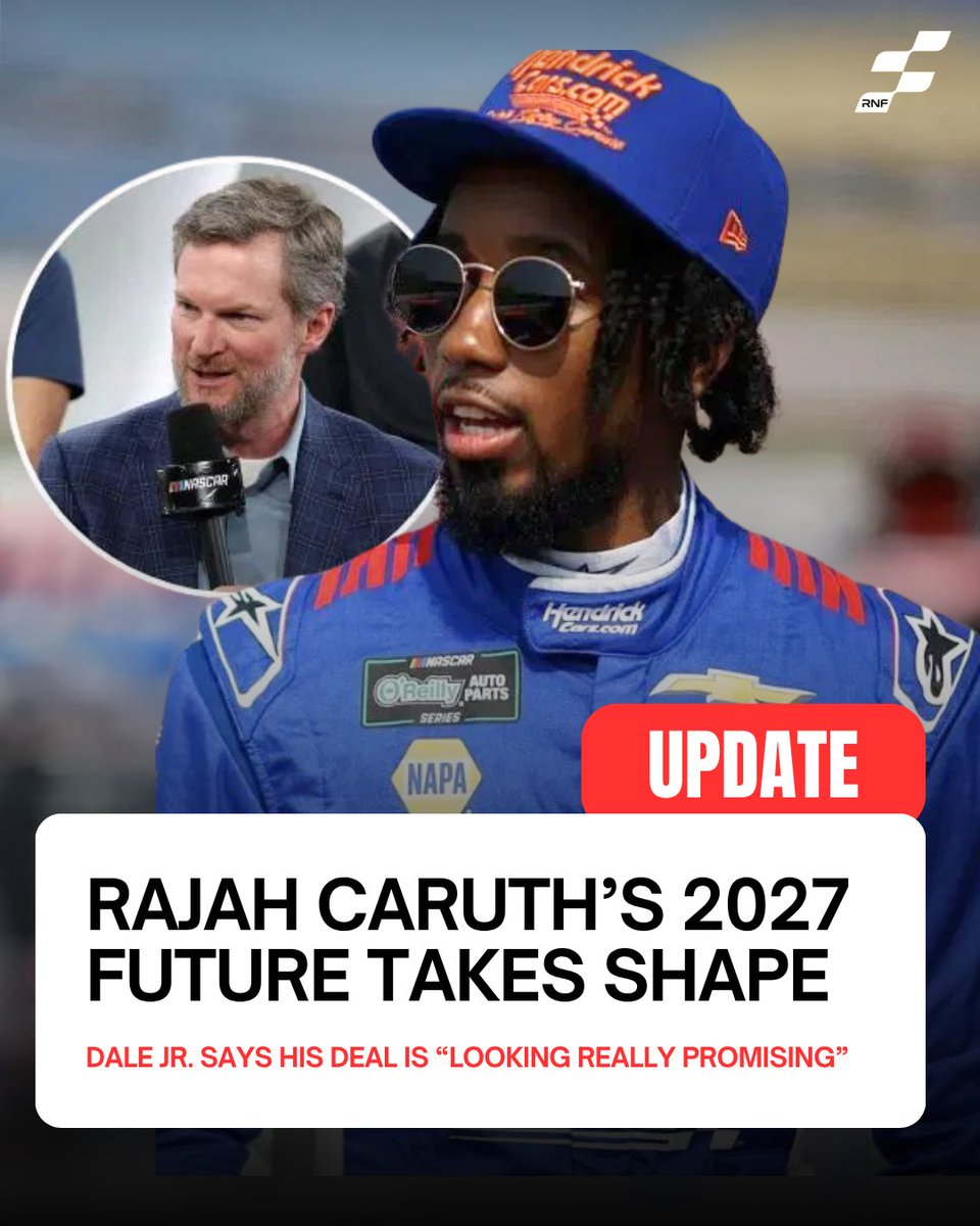 DennisQuitbo's tweet photo. Rajah Caruth’s future at JR Motorsports looks promising, with Dale Earnhardt Jr. saying a 2027 deal is progressing well. Caruth is also 15 points below the 2026 Chase cutoff heading into Daytona. Would you keep him at JRM for 2027? https://t.co/q8vt3ugZSc