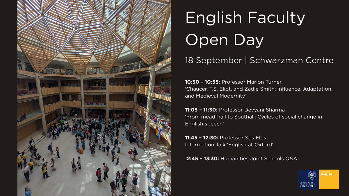 engfac's tweet photo. Are you interested in finding out more about studying English at Oxford? 

Join us at our next Open Day on 18 Sept at the Schwarzman Centre for taster lectures by Prof Marion Turner &amp; Prof Devyani Sharma &amp; info talks. Plus our students will be available to answer your questions! https://t.co/RbVOYdfOuV