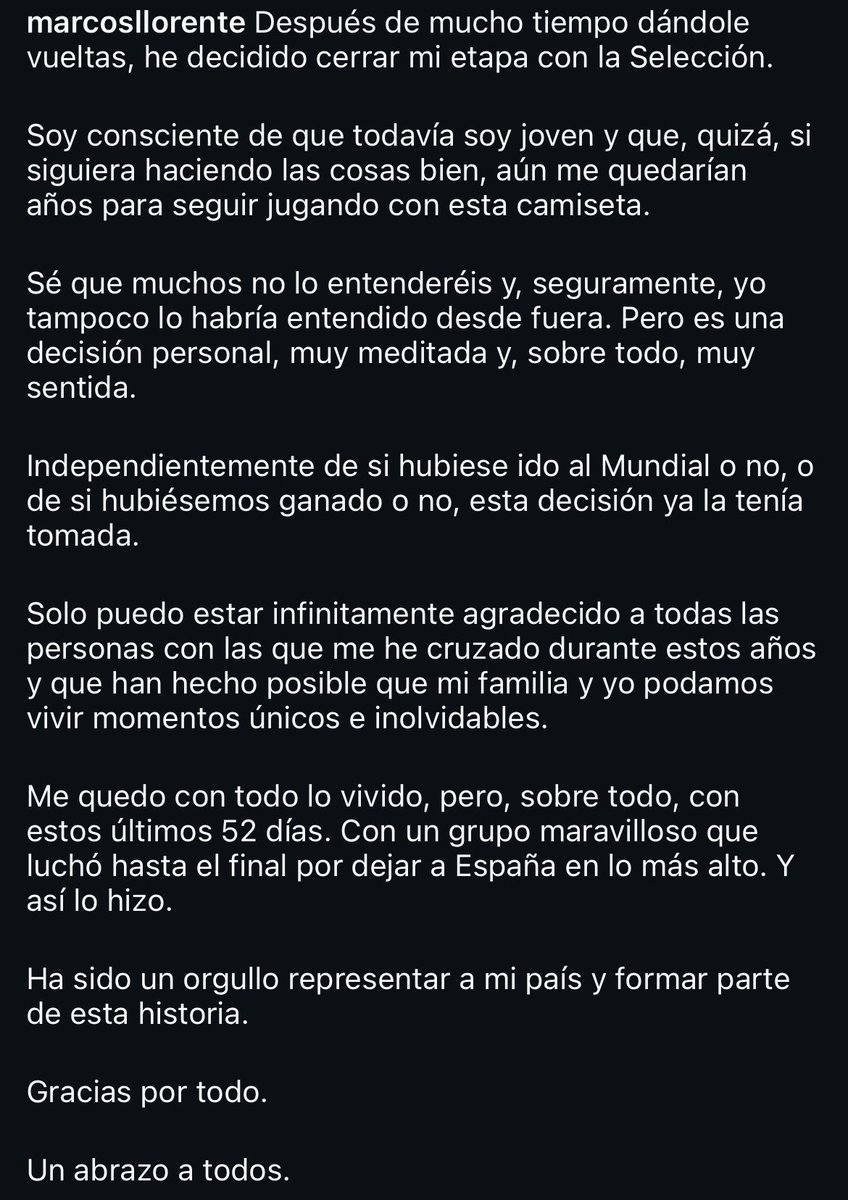 pascualruizar's tweet photo. 😢 MARCOS LLORENTE SE RETIRA DE LA SELECCIÓN ESPAÑOLA:

🇪🇸 “Ha sido un orgullo representar a mi país y formar parte de esta historia” https://t.co/6wydUbhdE0