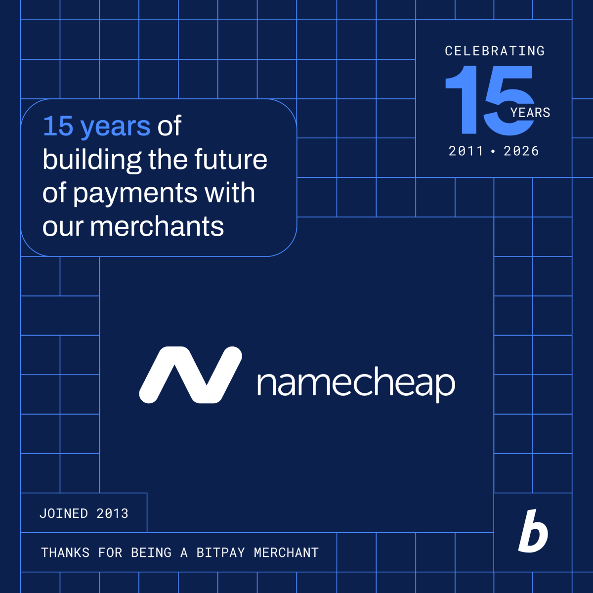 BitPay's tweet photo. NameCheap has accepted crypto with BitPay since 2013. 13 years of builders paying their way. https://t.co/sddNN3vcOP